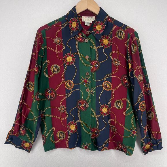 TALBOTS Top 10P Petite Pure Silk Gold Chain Long Sleeve Button Up Blouse Red VTG - Picture 1 of 14